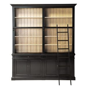 Wohnli Möbelsuche - Bücherregal mit 2 Türen und 2 Schubladen aus gefärbtem Akazienholz und schwarze Leiter