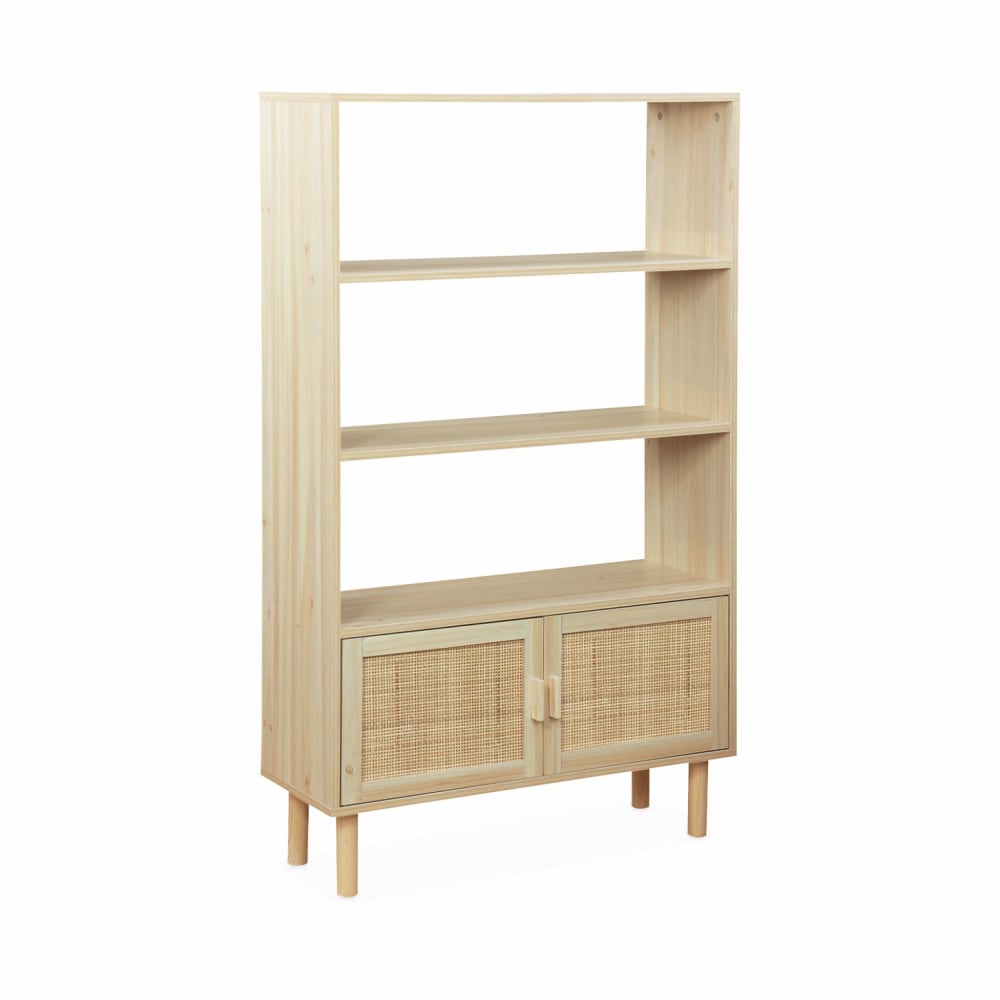 wohnli-moebel-suche-Buecherregal-mit-Holzdekor-und-Rohrgeflecht Wohnli Möbelsuche - Bücherregal mit Holzdekor und Rohrgeflecht