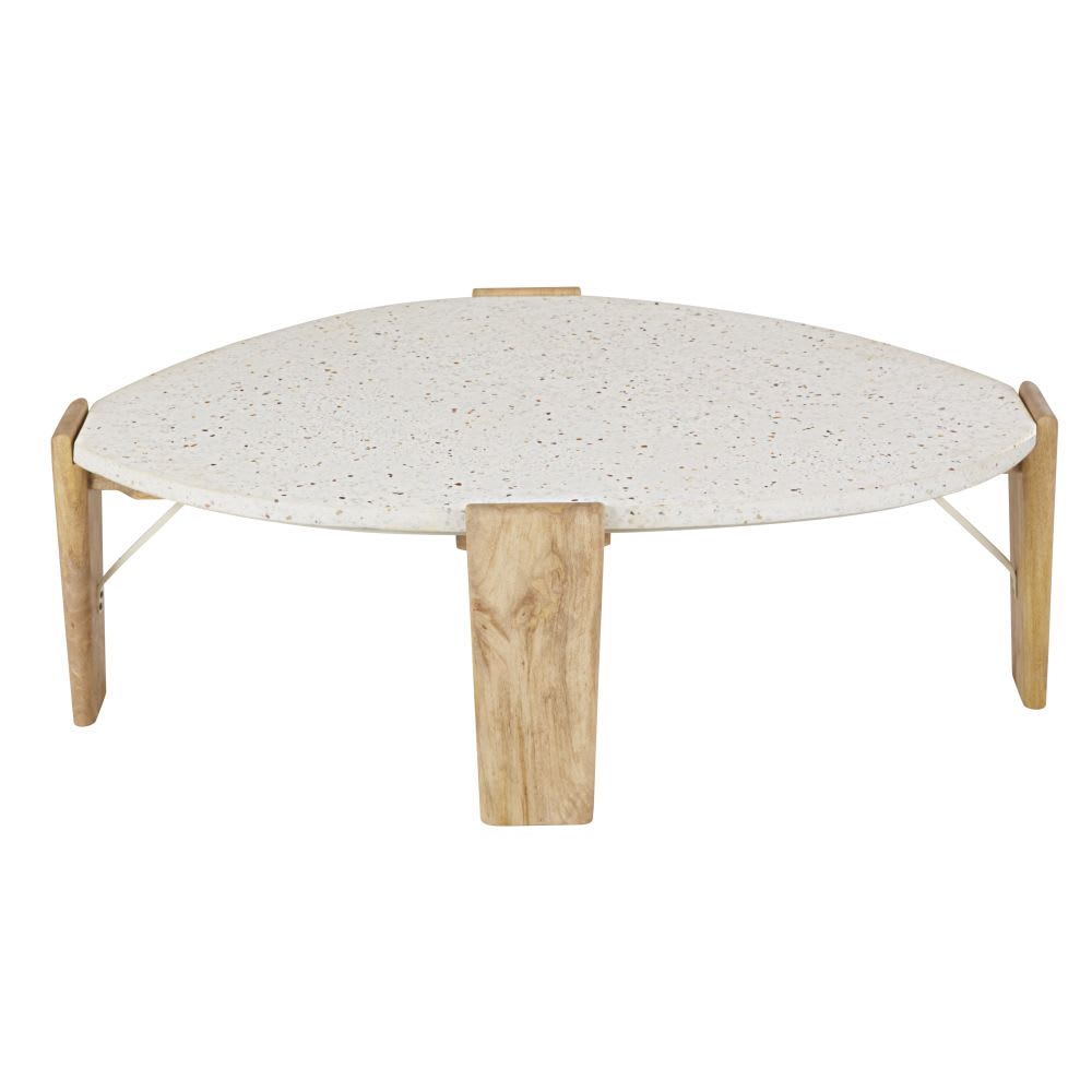 Wohnli Möbelsuche - Couchtisch aus Stein mit Terrazzo-Optik und massivem Mangoholz 105 cm