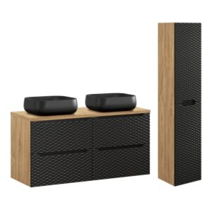 Wohnli Möbelsuche - Doppelwaschtisch und Hängesäule 120cm Schwarz und Holzoptik