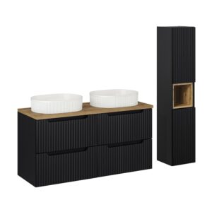 Wohnli Möbelsuche - Doppelwaschtisch und Hängesäule 120cm Schwarz und Holzoptik