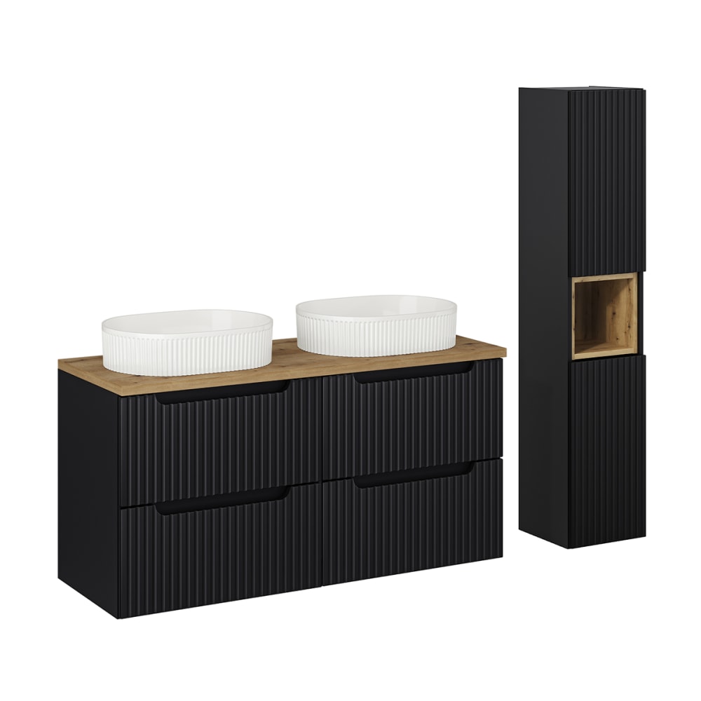 wohnli-moebel-suche-Doppelwaschtisch-und-Haengesaeule-120cm-Schwarz-und-Holzoptik Wohnli Möbelsuche - Doppelwaschtisch und Hängesäule 120cm Schwarz und Holzoptik