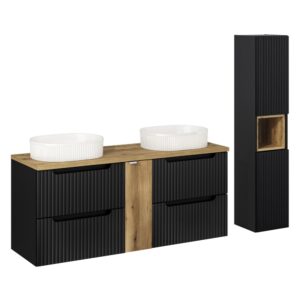 Wohnli Möbelsuche - Doppelwaschtisch und Hängesäule 140cm Schwarz und Holzoptik