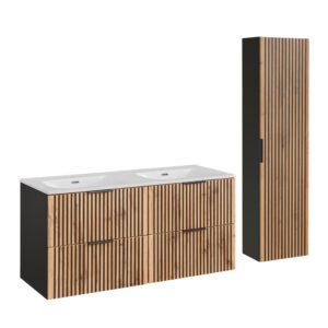 wohnli-moebel-suche-Doppelwaschtisch-und-Haengesaeule-Holzoptik-in-Eichenoptik-und-Schwarz Wohnli Möbelsuche - Doppelwaschtisch und Hängesäule Holzoptik in Eichenoptik und Schwarz