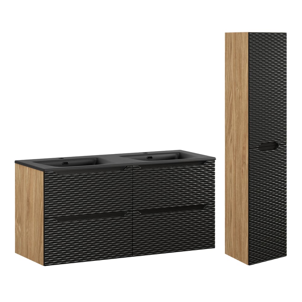 Wohnli Möbelsuche - Doppelwaschtisch und Hängesäule Schwarz und Holzoptik