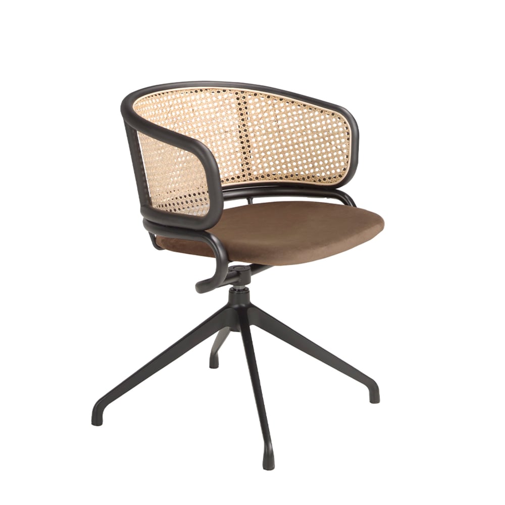 wohnli-moebel-suche-Drehsessel-aus-braunem-Samt-und-RattanBraun-und-Schwarz Wohnli Möbelsuche - Drehsessel aus braunem Samt und Rattan