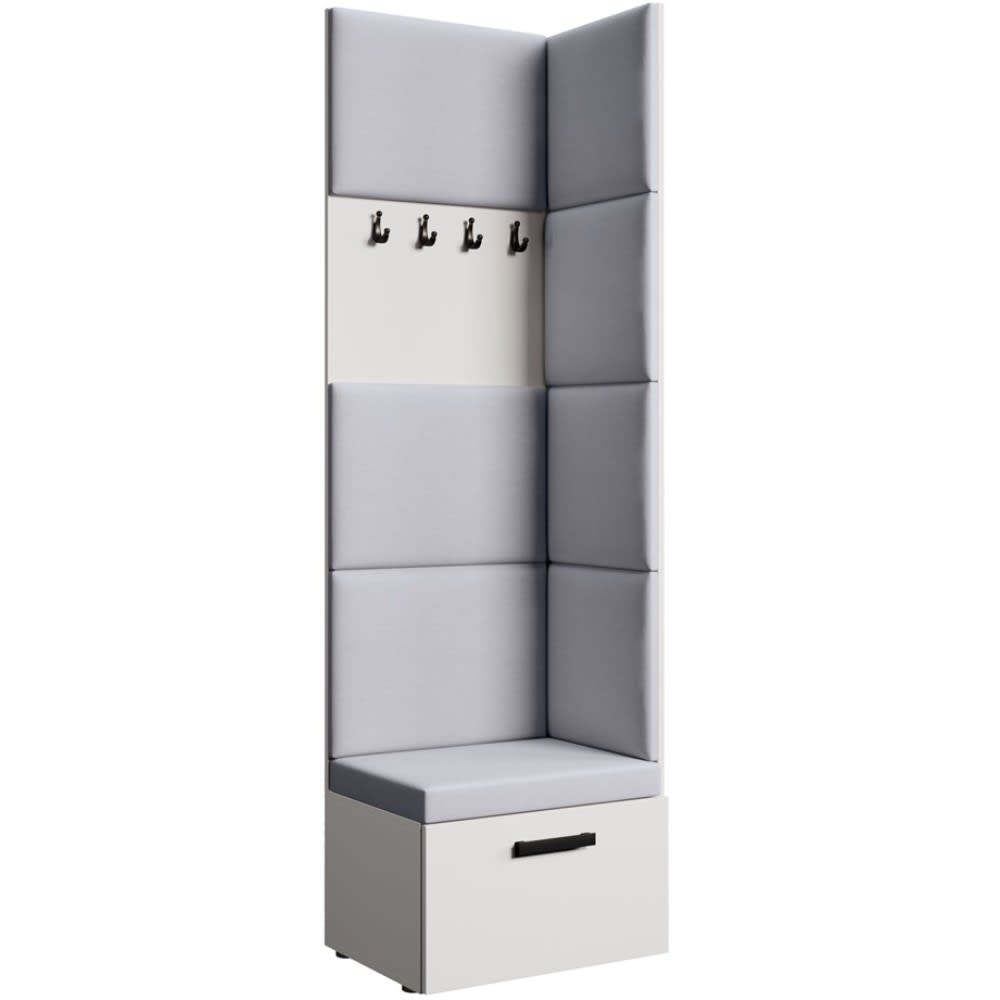 wohnli-moebel-suche-Eckgarderobe-mit-gepolsterten-Paneelen-WeissGrau Wohnli Möbelsuche - Eckgarderobe mit gepolsterten Paneelen