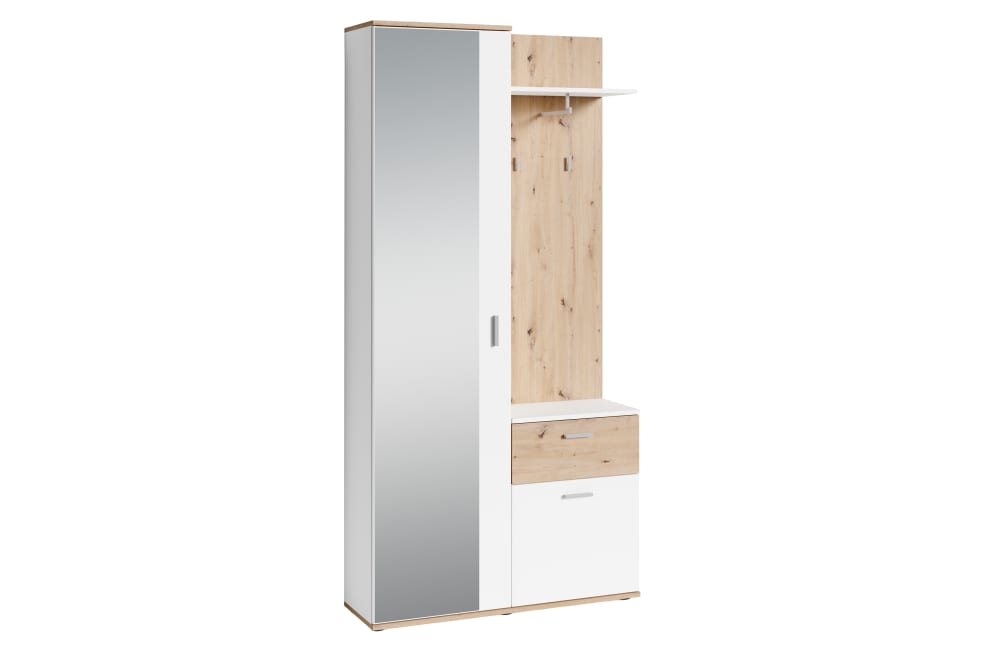 wohnli-moebel-suche-Garderobe-in-Eichenholzoptik-mit-Spiegel-B-97-H-195-T-30-cm-weiss Wohnli Möbelsuche - Garderobe in Eichenholzoptik mit Spiegel