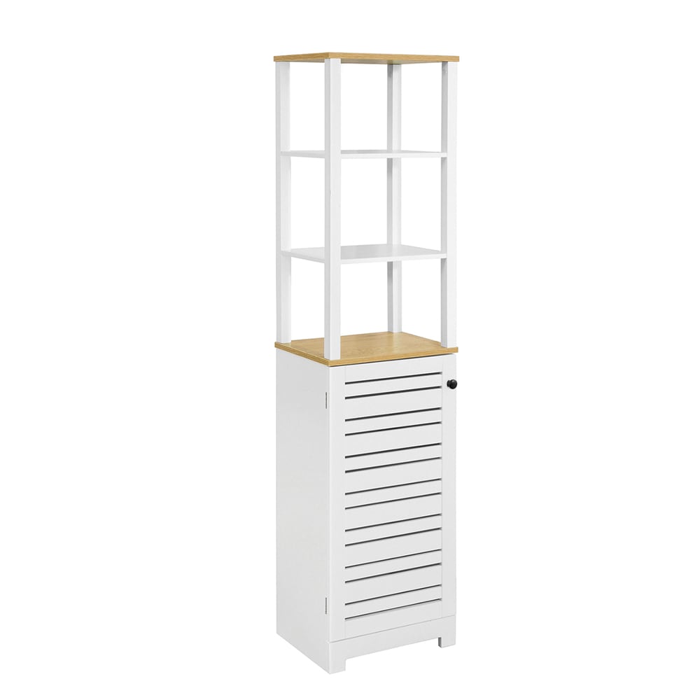 wohnli-moebel-suche-Hochschrank-mit-3-offenen-Faechern-und-Lamellentuer-MDF-Weiss Wohnli Möbelsuche - Hochschrank mit 3 offenen Fächern und Lamellentür MDF Weiß