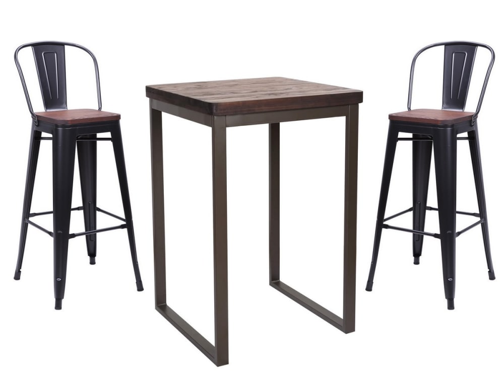 wohnli-moebel-suche-Hoher-Tisch-aus-Stahl-mit-dunklem-Massivholz-und-2-Barhockern Wohnli Möbelsuche - Hoher Tisch aus Stahl mit dunklem Massivholz und 2 Barhockern