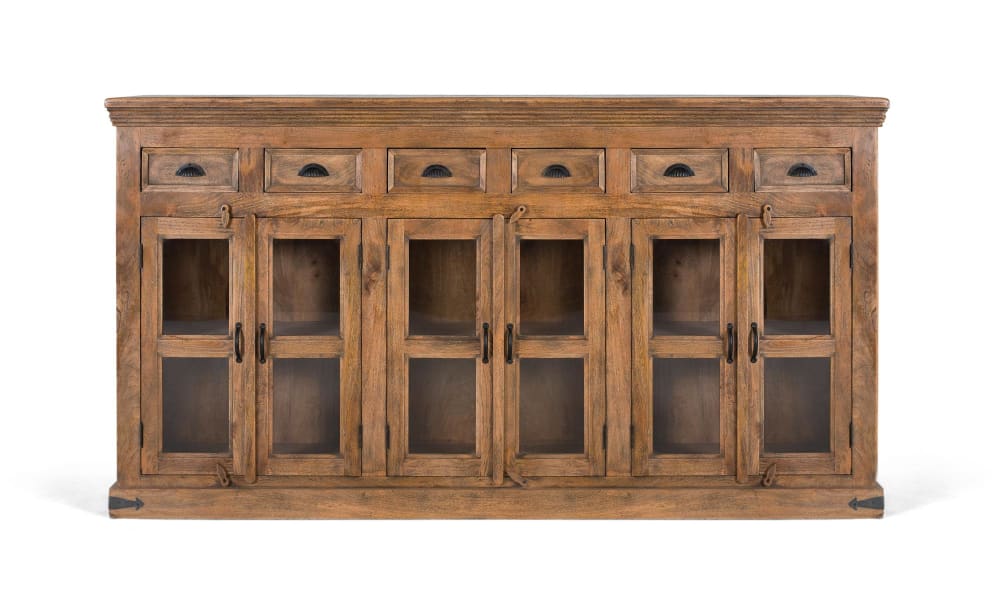 Wohnli Möbelsuche - Hohes Sideboard aus Mangoholz mit handgeschnitzten Türen