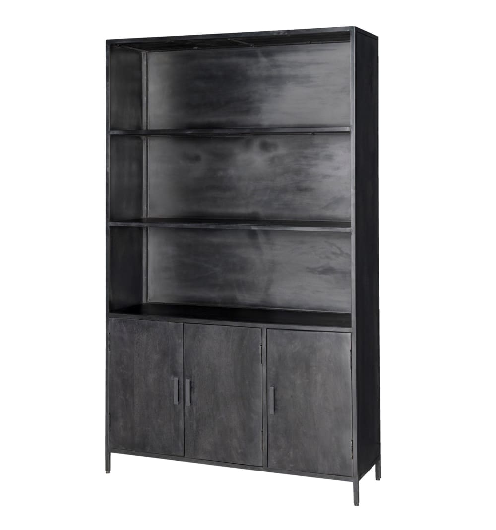 Wohnli Möbelsuche - Hohes Sideboard mit 3 Türen aus schwarz gebeiztem Mangoholz und Metall