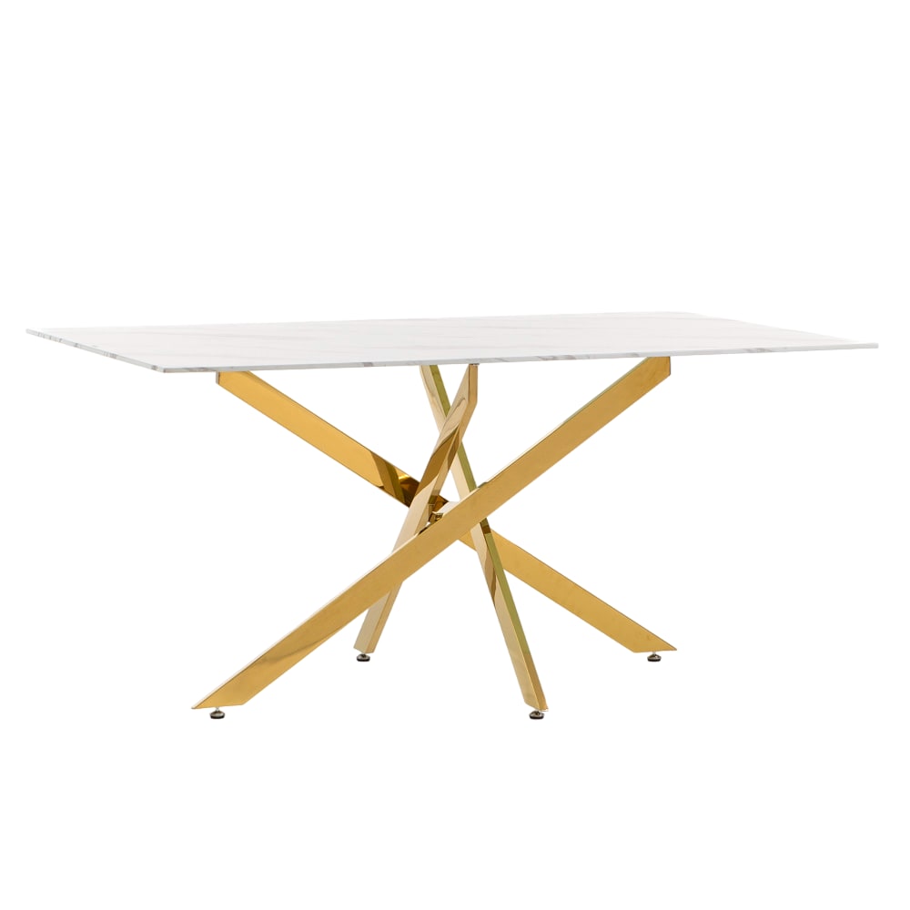 Wohnli Möbelsuche - Innen-Tisch 160x90cm Glasplatte weißer Marmor/gold