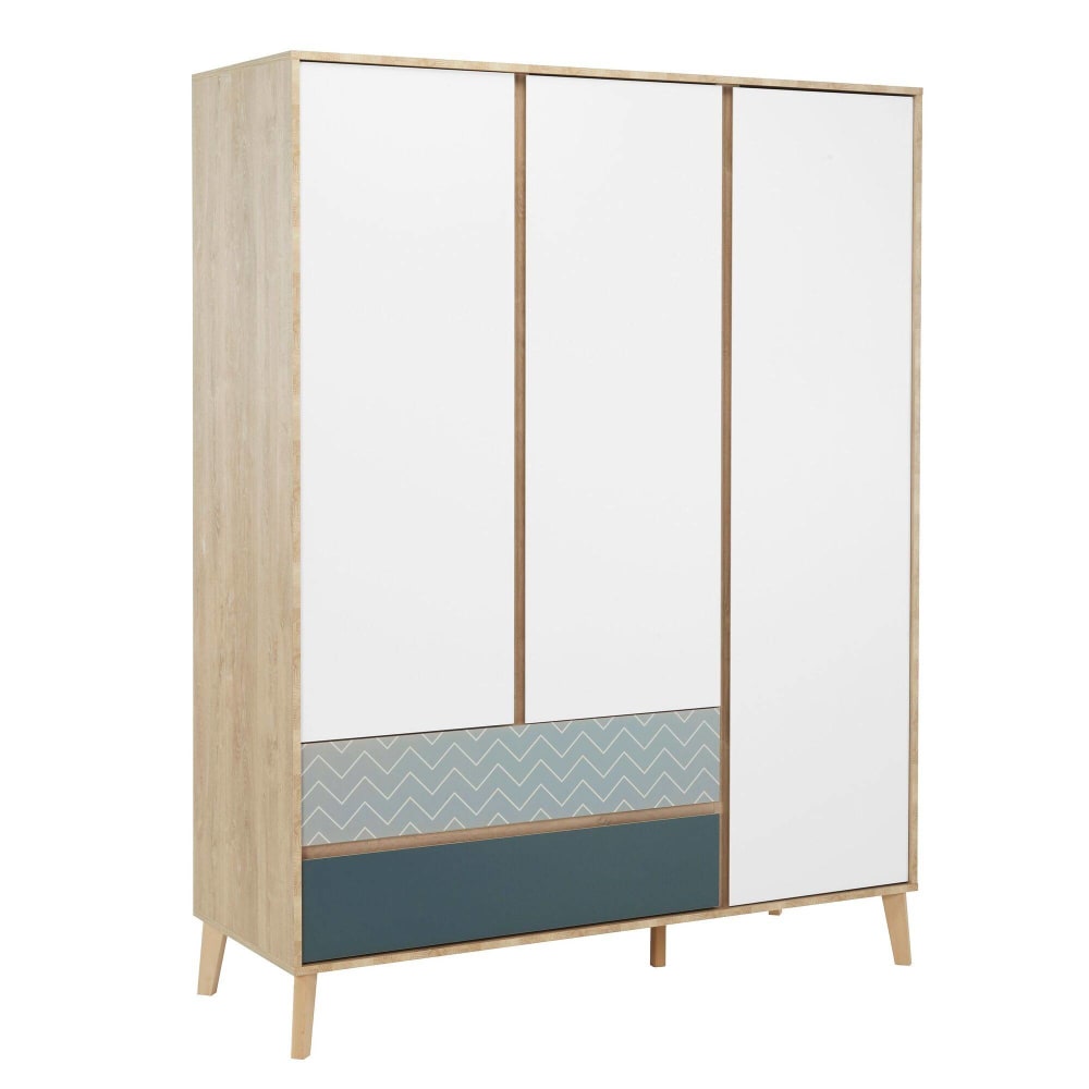 Wohnli Möbelsuche - Kinderkleiderschrank mit 3 Türen und 2 Schubladen H200 cm - Weiß