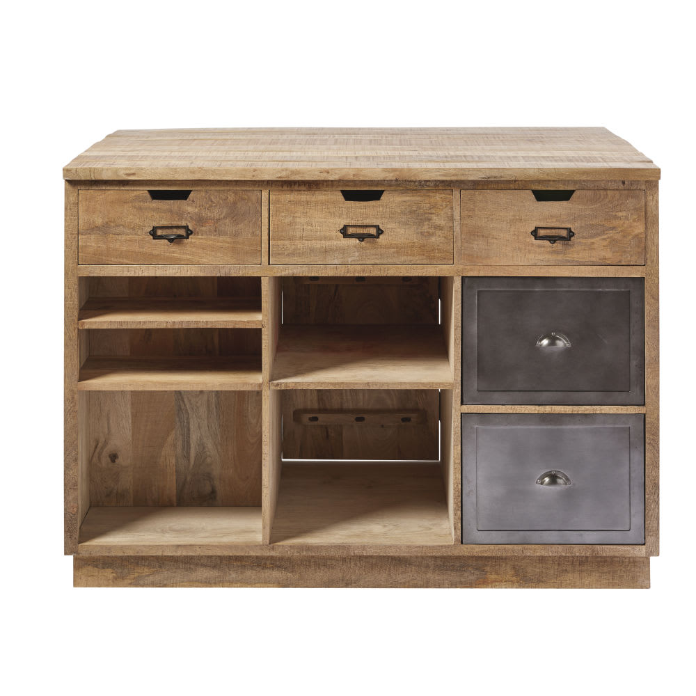 Wohnli Möbelsuche - Kochinsel aus massivem Mangoholz und grauem Metall