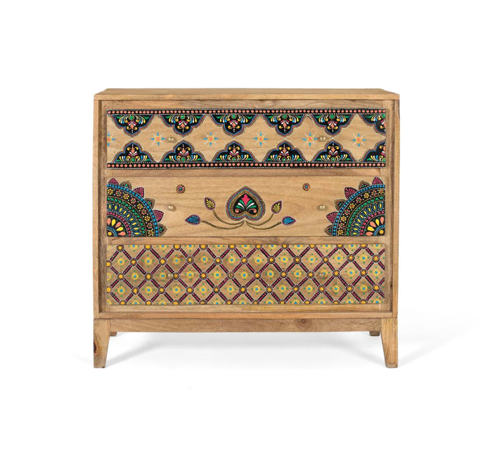 Wohnli Möbelsuche - Kommode aus massivem Mangoholz mit handbemalten Details