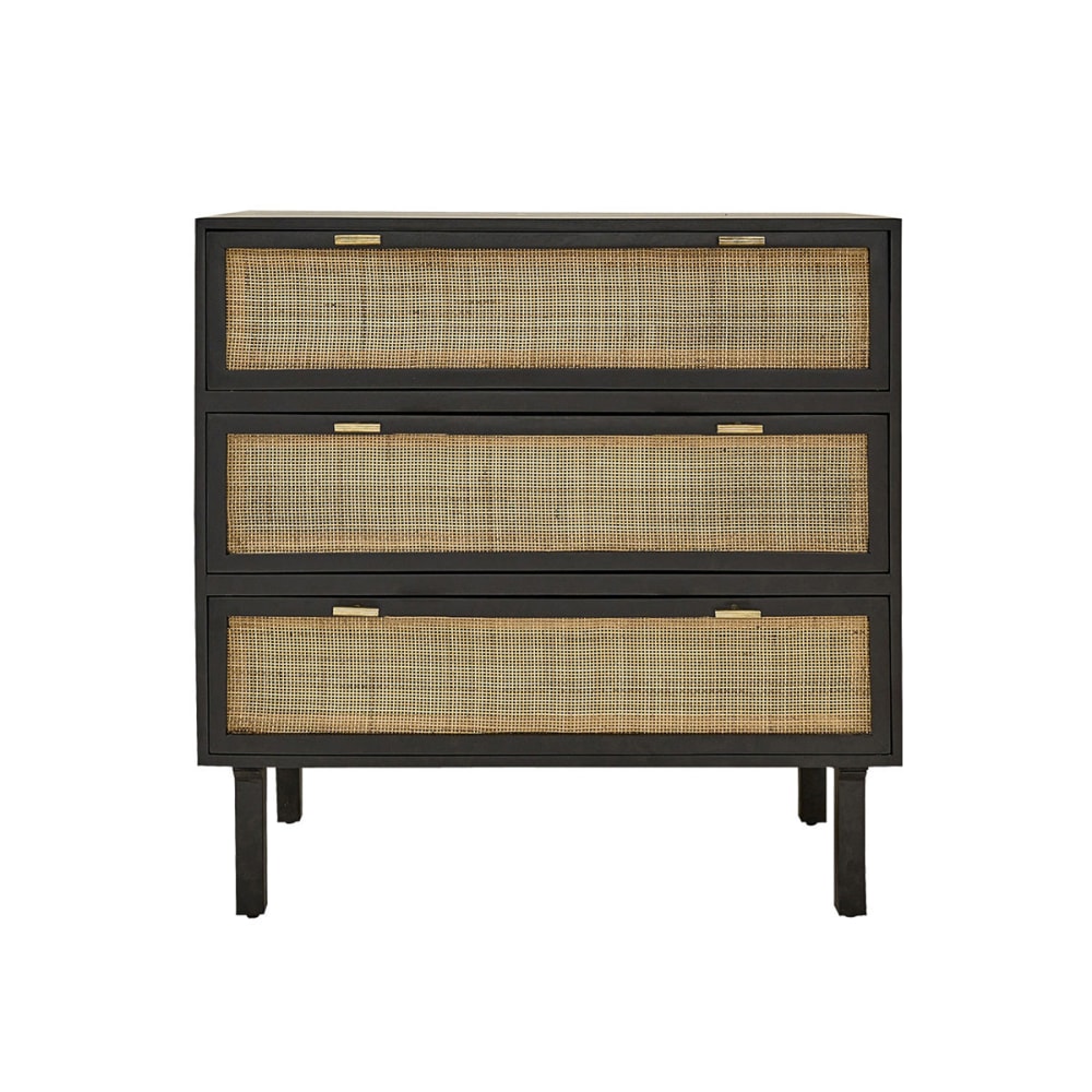 Wohnli Möbelsuche - Kommode aus massivem Mangoholz und schwarzem Rohrgeflecht 90 cm
