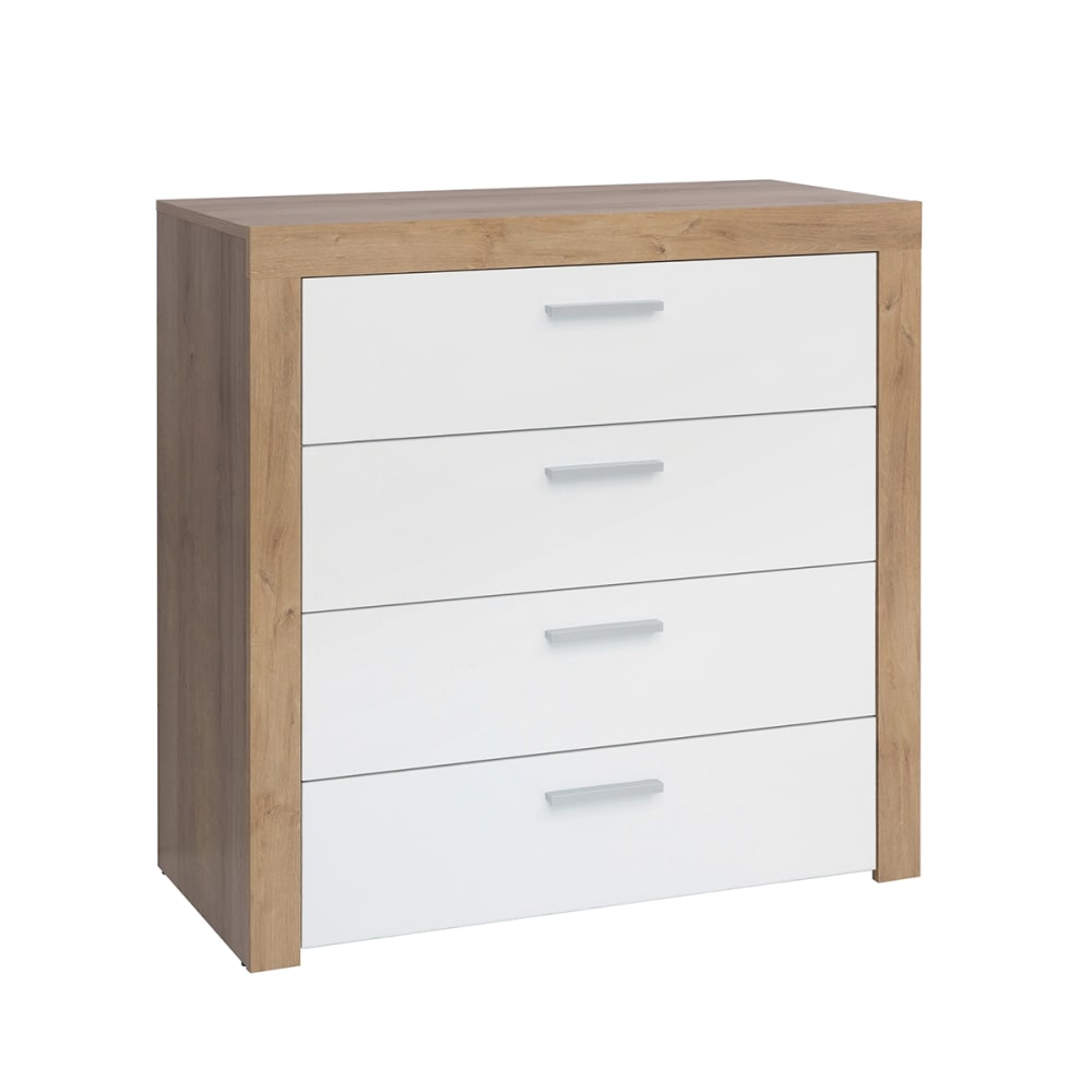 wohnli-moebel-suche-Kommode-mit-4-Schubladen-Weiss-und-Holzoptik-90cm Wohnli Möbelsuche - Kommode mit 4 Schubladen