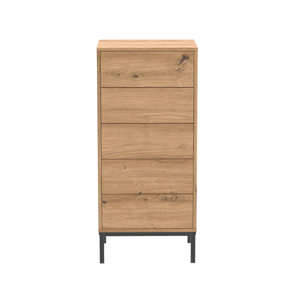 wohnli-moebel-suche-Kommode-mit-5-Schubladen-und-Metallfuessen-H100-cm-Helle-Holzoptik Wohnli Möbelsuche - Kommode mit 5 Schubladen und Metallfüßen H100 cm - Helle Holzoptik