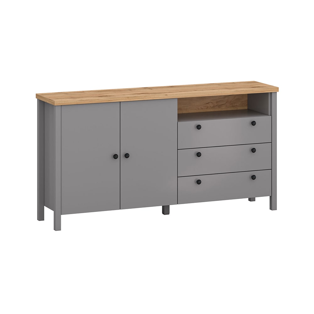 wohnli-moebel-suche-Kommode-mit-Tueren-Schubladen-aus-Holz-166x38x86cm-grau-Eiche Wohnli Möbelsuche - Kommode mit Türen & Schubladen aus Holz