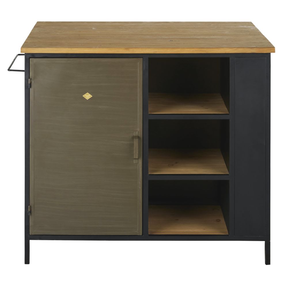 Wohnli Möbelsuche - Kücheninsel mit 1 Tür aus Tannenholz und schwarzem Metall