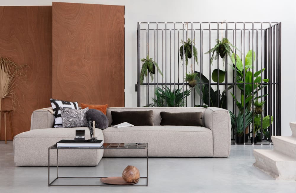 Ecksofa links 5-Sitzer aus grauem Stoff 305x73x175cm Stoff Grau WOOOD Sofas und Sessel Sofas Ecksofas