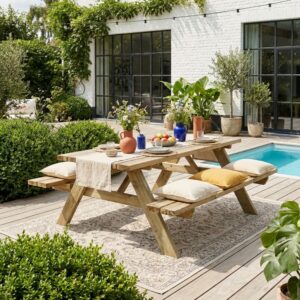 wohnli-moebel-suche-M20025458-1 Picknicktisch 180 cm mit klappbaren Holzbänken 177x70x155cm Holz Braun sweeek Möbel Wohnzimmermöbel Beistelltische