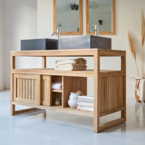 Bad Unterschrank aus massivem Teakholz 120 120x75x57cm Holz Beige Tikamoon Möbel Badezimmermöbel Badezimmerschränke