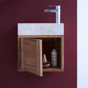 Badunterschrank aus massivem Teakholz und Marmor creme 38x40x25cm Holz Beige Tikamoon Möbel Badezimmermöbel Badezimmerschränke