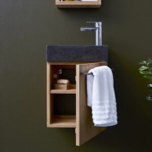 Badunterschrank massivem Teakholz mit Marmor Waschbecken black 38x52x30cm Holz Schwarz Tikamoon Möbel Badezimmermöbel Badezimmerschränke