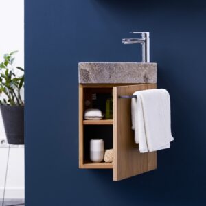 Badunterschrank massivem Teakholz mit Marmor Waschbecken grey 38x52x30cm Holz Grau Tikamoon Möbel Badezimmermöbel Waschtische