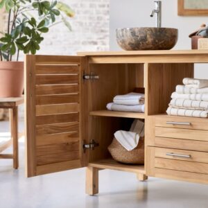 Waschtischunterschrank aus massivem Teakholz 125 cm 125x75x55cm Holz Beige Tikamoon Möbel Badezimmermöbel Badezimmerschränke