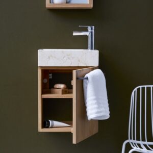 Badunterschrank massivem Teakholz mit Marmor Waschbecken creme 38x52x30cm Holz Beige Tikamoon Möbel Badezimmermöbel Badezimmerschränke