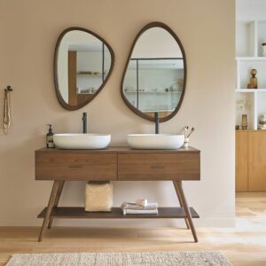 wohnli-moebel-suche-M20027701-1 Doppelwaschtischunterschrank mit Doppelablage & 2 Schubladen in mindy 135x75x50cm Holz Braun BERAH GETAH Möbel Badezimmermöbel Waschtische