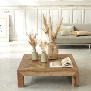wohnli-moebel-suche-M20028005-1 Couchtisch aus recyceltem Teakholz 100x30x100cm Holz Beige BERAH GETAH Möbel Wohnzimmermöbel Couchtische