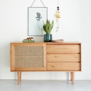 Kommode aus massivem Mindi und Rohrgeflecht 135 cm 135x80x135cm Holz Beige BERAH GETAH Möbel Schlafzimmermöbel Kommoden