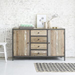 wohnli-moebel-suche-M20028115-1 Kommode mit 2 Schränken 4 Schubladen aus recycelter Kiefer 150x90x45cm Holz Beige BERAH GETAH Möbel Schlafzimmermöbel Kommoden