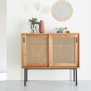 Kommode aus massivem Mindi und Rohrgeflecht 100 cm 100x90x100cm Holz Beige BERAH GETAH Möbel Schlafzimmermöbel Kommoden