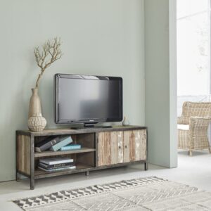 TV-Möbel aus massiver recycelter Kiefer und Metall 150 cm INDUS 150x50x45cm Holz Grau BERAH GETAH Möbel Wohnzimmermöbel TV-Möbel