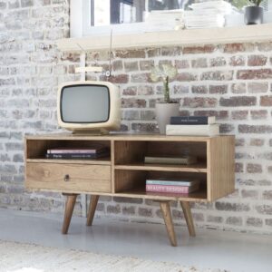 wohnli-moebel-suche-M20029117-1 Skandinavischer TV-Schrank mit 1 Schublade und 3 Nischen in Mindy 110x55x40cm Holz Beige BERAH GETAH Möbel Wohnzimmermöbel TV-Möbel