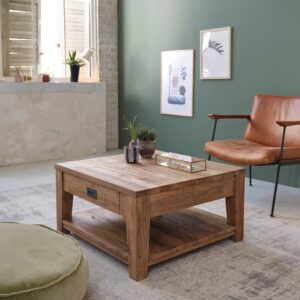 Couchtisch mit 1 Schublade aus recyceltem Teakholz 80x42x80cm Holz Beige BERAH GETAH Möbel Wohnzimmermöbel Couchtische