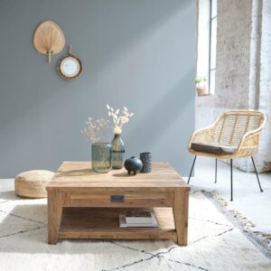 Couchtisch aus recyceltem massivem Teakholz 100 cm 100x42x100cm Holz Beige BERAH GETAH Möbel Wohnzimmermöbel Couchtische