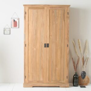 Schrank aus massivem Teakholz 115 cm 110x200x45cm Holz Beige BERAH GETAH Möbel Schlafzimmermöbel Schränke