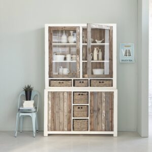 Kommode aus recyceltem Kiefernholz 4 Türen 6 Schubladen 140x218x49cm Holz Weiß BERAH GETAH Möbel Esszimmermöbel Geschirrschränke