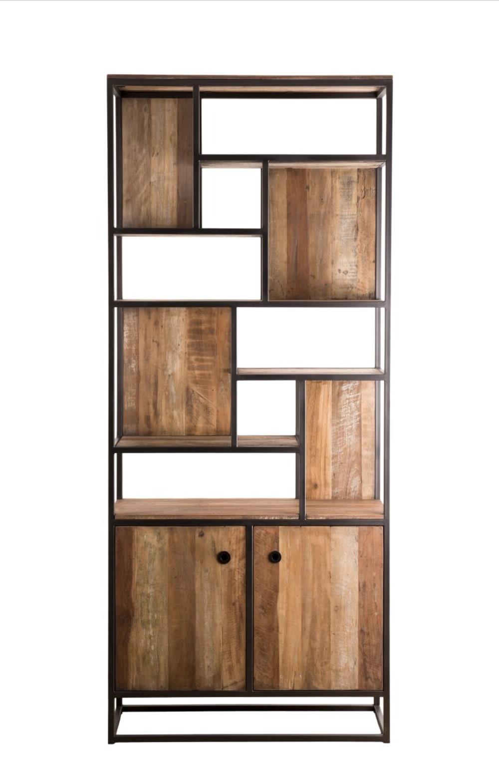 Bücherregal mit 2 Türen aus recyceltem Holz und Metall 90x215x35cm Holz Braun MACABANE Möbel Wohnzimmermöbel Bücherregale