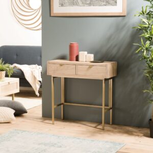 Konsole 2 Schubladen Füße aus goldfarbenem Metall 80x79x34cm Spanplatte Beige MACABANE Möbel Wohnzimmermöbel Konsolentische