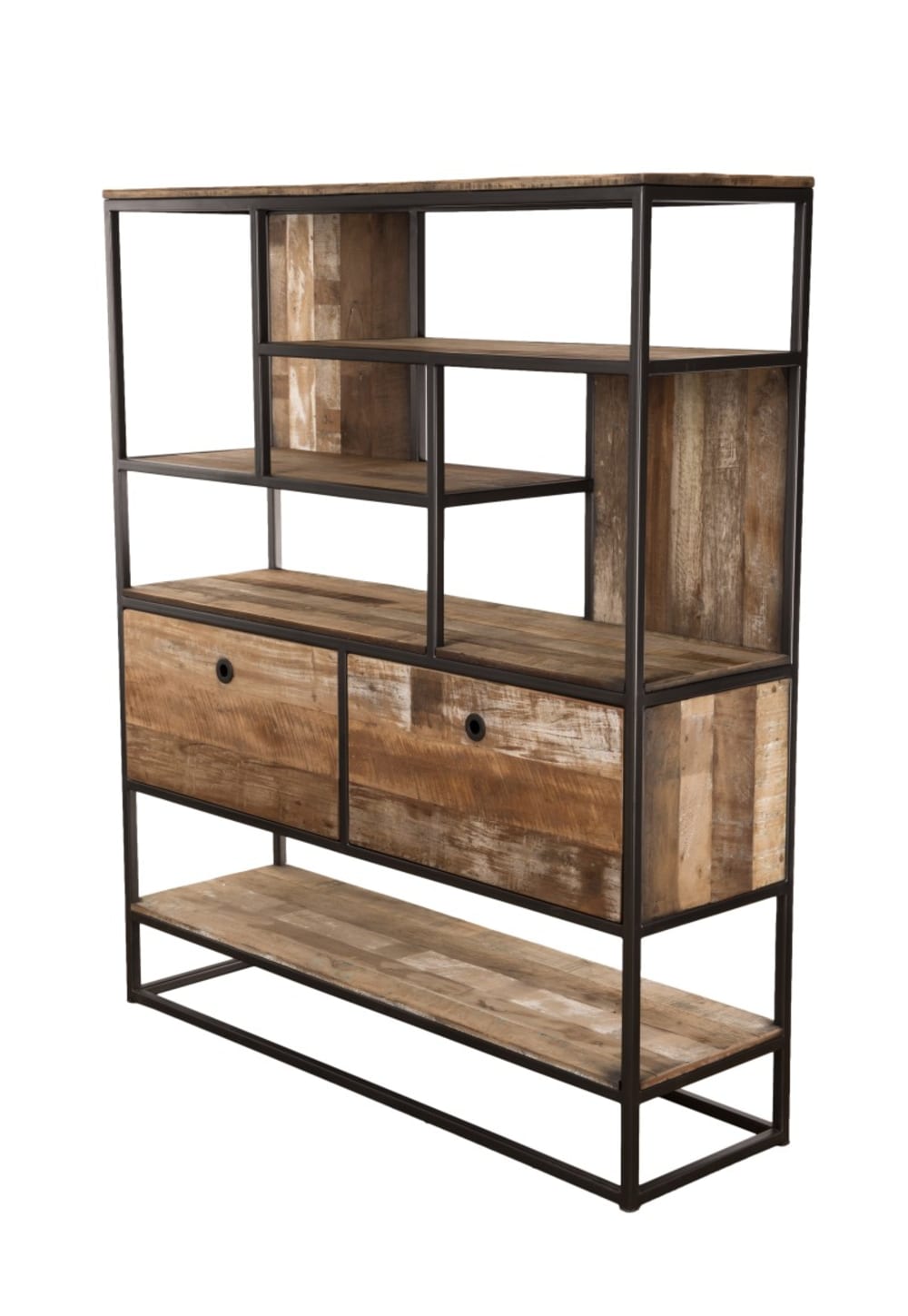Regal mit 2 Schubladen aus recyceltem Holz und schwarzem Metall 120x140x35cm Holz Braun MACABANE Möbel Wohnzimmermöbel Regale