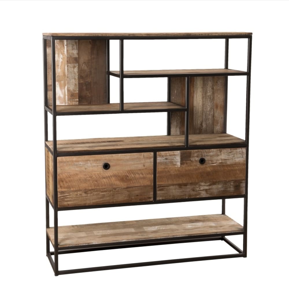wohnli-moebel-suche-M21006218 Wohnli Möbelsuche - Regal mit 2 Schubladen aus recyceltem Holz und schwarzem Metall