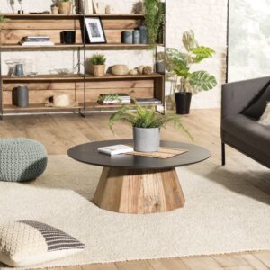 wohnli-moebel-suche-M21007272-1 Runder Couchtisch aus recycelter Kiefer und Sperrholz D90 90x32x90cm Holz Braun MACABANE Möbel Wohnzimmermöbel Couchtische