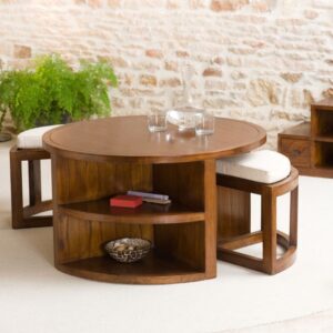 wohnli-moebel-suche-M21007323-1 Runder Couchtisch mit zwei Hockern und Kissen aus Mindiholz D90 90x51x90cm Holz Braun MACABANE Möbel Wohnzimmermöbel Couchtische
